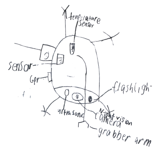 Early Tidal Scout rover concept sketch with camera, storage, robot arms, and wheels