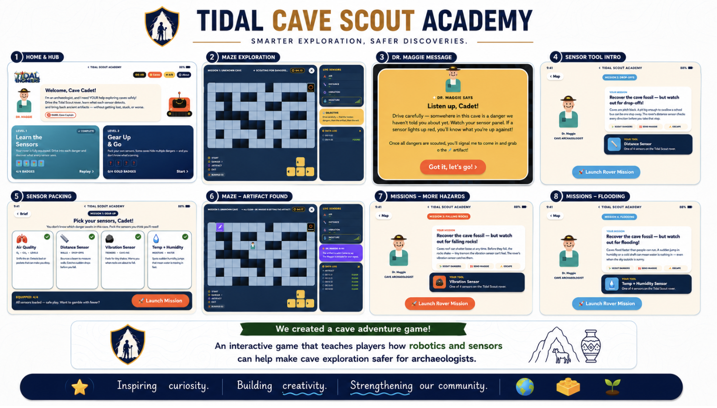 Tidal Cave Scout Academy interactive cave safety game screens